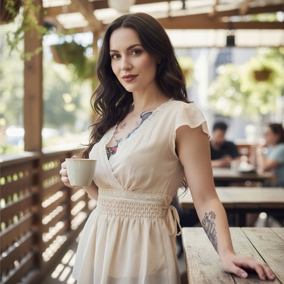 Liz Claiborne ✦ Cream Lace Chiffon Wrap Top ✦ Smocked Tie Back Vintage Style 6 - Picture 1 of 15